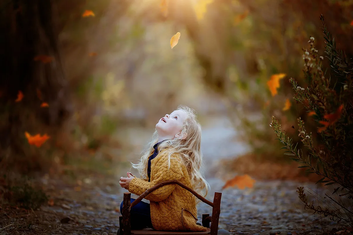 Petite fille observant les feuilles d’automne lors d’une séance photo enfant dans la nature en Provence.