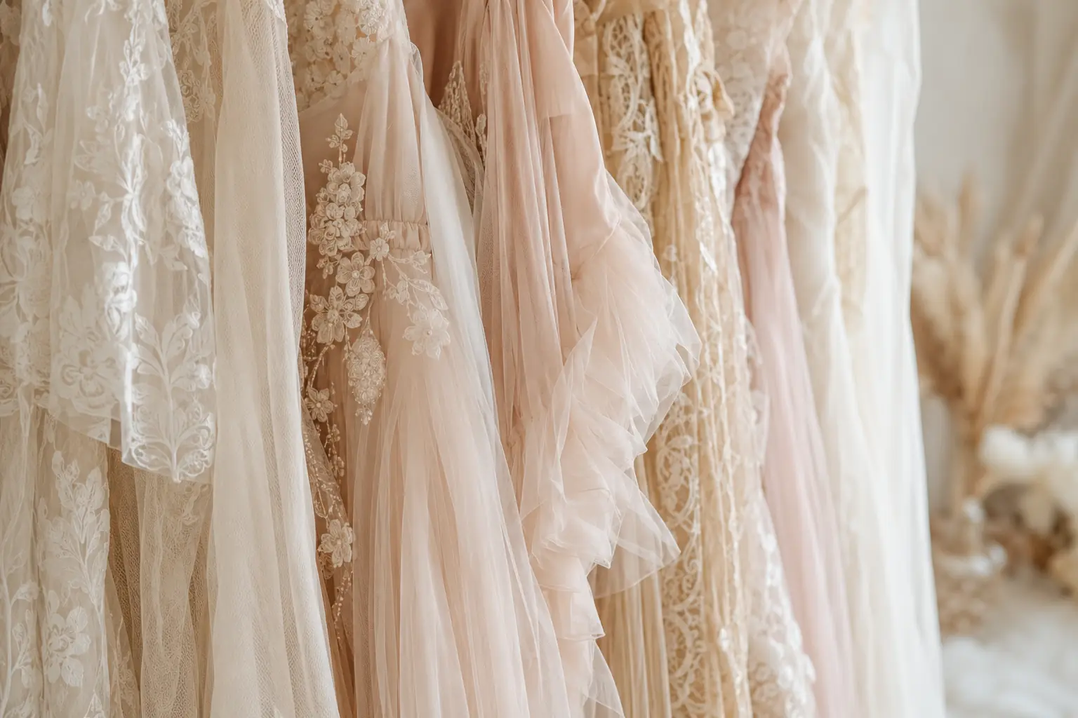 Détails de robes en dentelle et en tulle dans le dressing du Studio Coccinelle Photo.