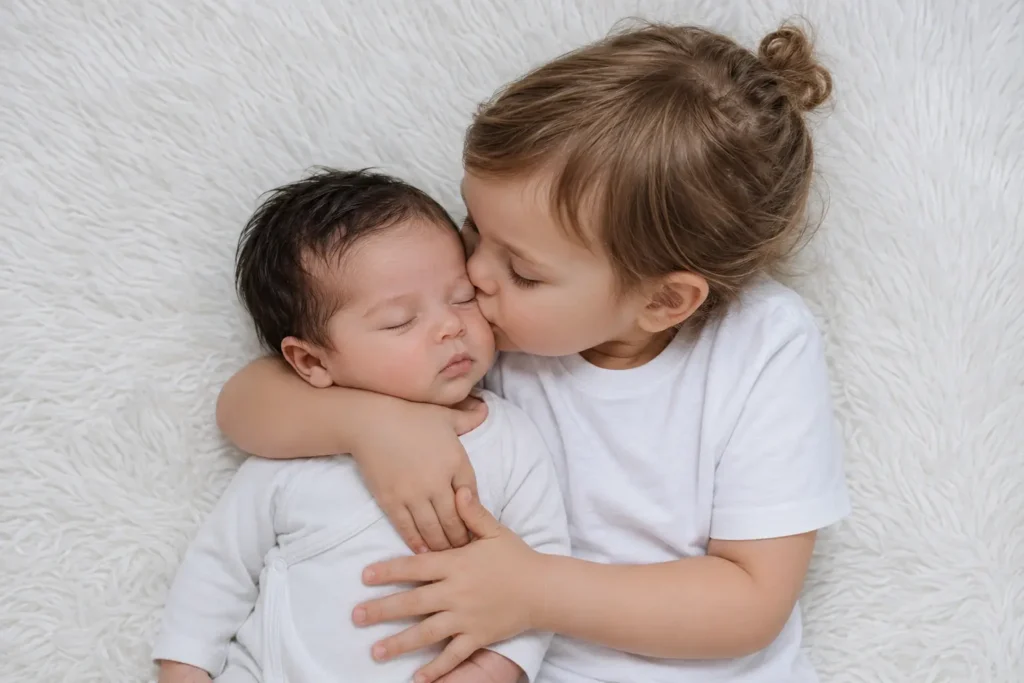 Une grande sœur embrasse tendrement son nouveau-né pendant une séance photo naissance en studio.